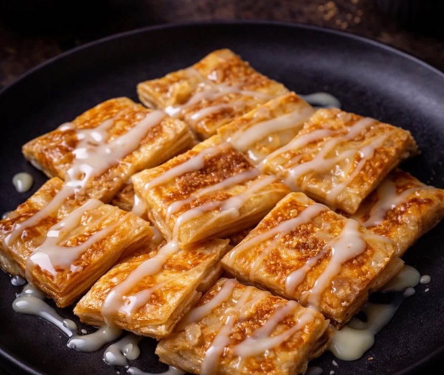 Squares of flaky flatbread on a dark plate under a sweet white drizzle. Photograph posted by Hasina's Burmese Kitchen.